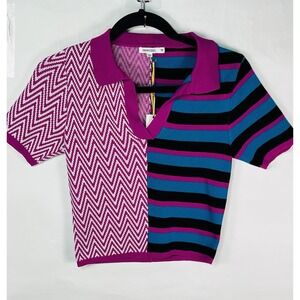 Immodel Women's Juniors M Short Sleeve Collared Cropped Sweater Colorful Fun NWT